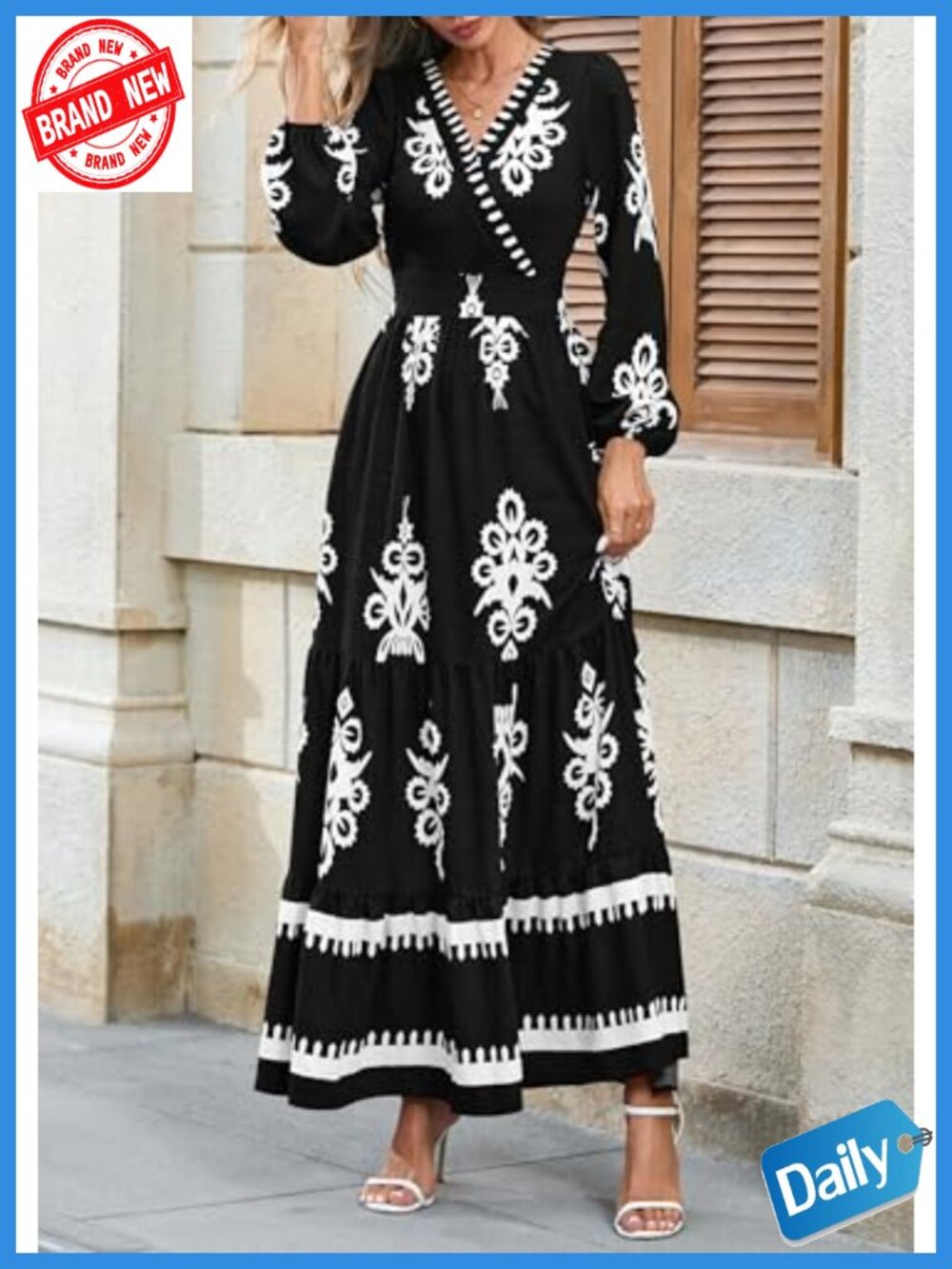 PRETTYGARDEN Women's Floral Boho Maxi Dress V-Neck Ruffle Long Sleeve - Picture 2 of 6
